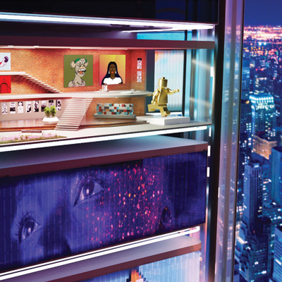 View of A T-Pad V-Pad over looking New York in the Vertikal Metaverse